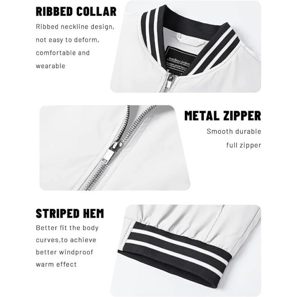 ❤️ Men's Bomber Jacket Lightweight Casual Spring Fall Windbreaker Zip Coat-White - Picture 5 of 8